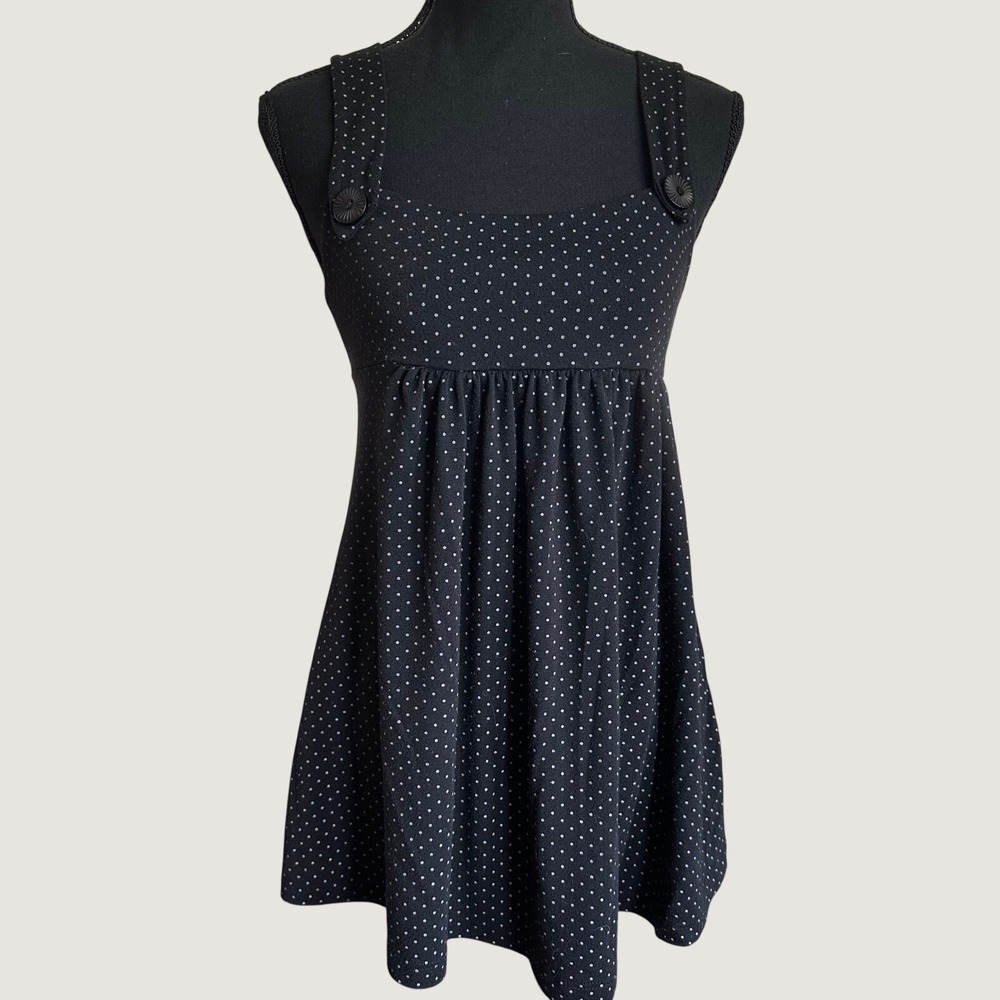Vintage Y2k Karma Polka Dot Babydoll Tunic Top Mini Dress Button Black White M